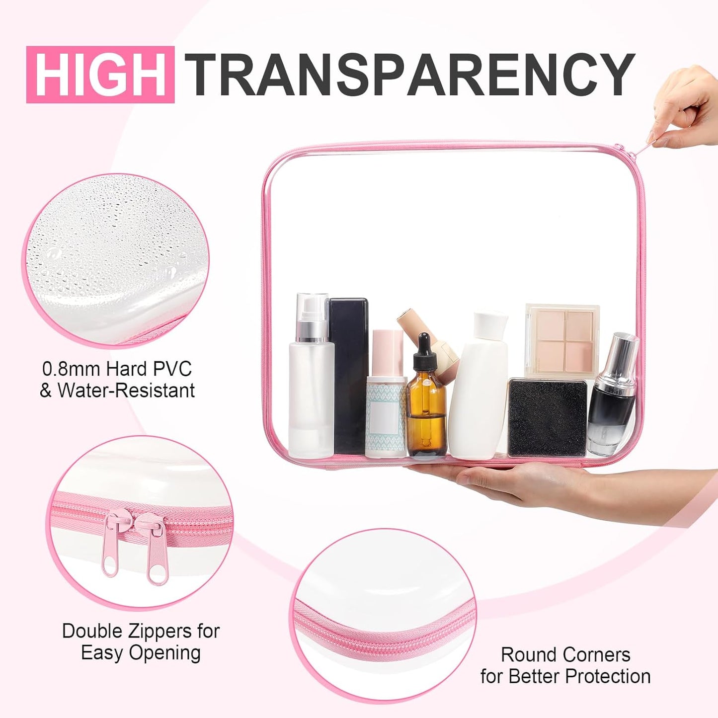 Hoolerry 4 Pcs Hard Clear Zipper Case Makeup Bags Plastic Pencil Pouch Transparent Storage Box Containers for Cosmetics, Snacks, Building Blocks, Puzzles(Multicolor,13.8 x 11.8 x 2 in)