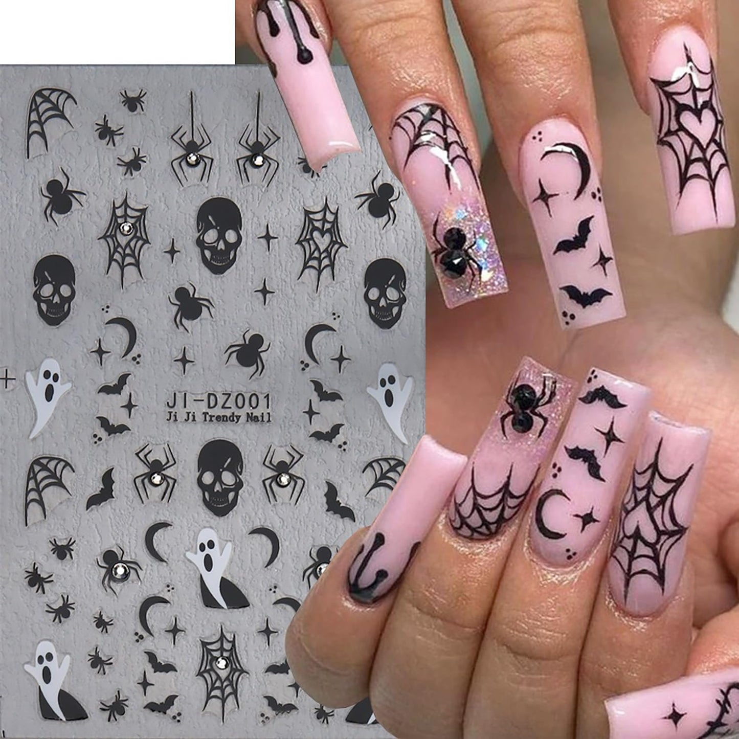 Halloween Nail Art Stickers 6 Sheets Cute Little Ghost Skull Blood Pumpkin 3D Nail Art Self-Adhesive Stickers Nail Spider Web Bat Decoration Pink Ghost Nail Supplies for DIY Nail Decal Art
