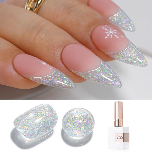 Double Rhythm Glitter Gel Polish 0.5 Oz Clear Shimmer Reflective Color 15ML Gel Polish Salon DIY at Home (Rainbow Silver-B1135)