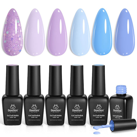 Beetles Gel Nail Polish Set - 6 Colors Purple Baby Blue Light Color Gel Nail Kit Lavender Violets Collection Soak Off UV LED Gel Manicure DIY Periwinkle Nail Polish Salon Gift for Women Girls