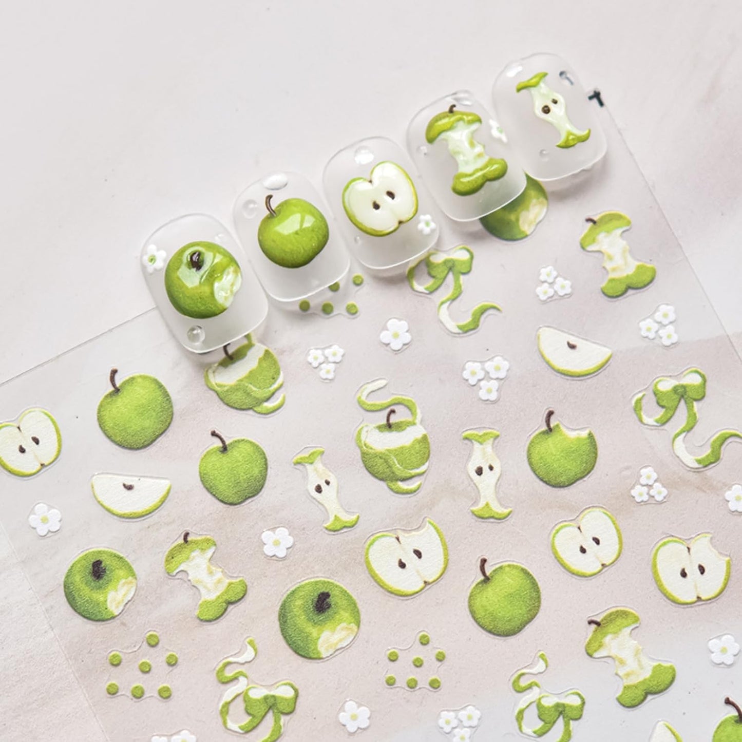 5D Embossed Nail Stickers for Nail Art Green Apple Nail Art Stickers White Flower Nail Decals Self Adhesive Spring Nails Supplies for Women Girls