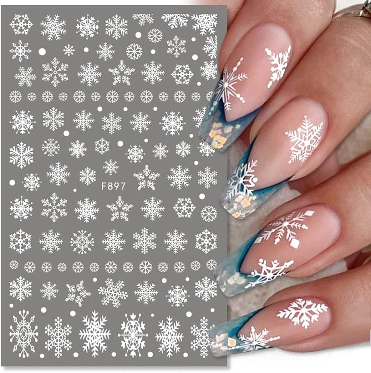 8 Sheets 3D Snowflake Nail Art Stickers Winter Christmas Nail Decals Glitter White Silver Snowflake Nail Stickers Self Adhesive Xmas Snow Nail Design Holiday Christmas Nail Decoration for Women Girls