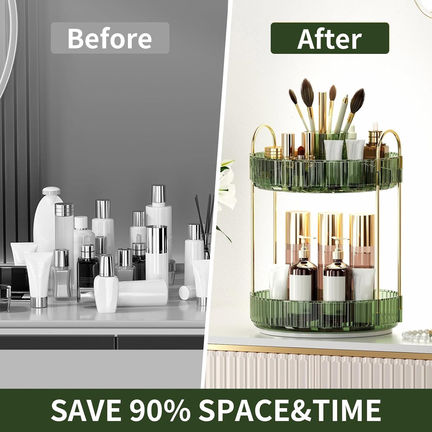 360° Rotating Makeup Organizer, Large-Capacity Skincare Make Up Storage 2 Tier Perfume Organizers Cosmetic Dresser Organizer with Makeup Brush Holder, Fits Bedroom, Bathroom, Vanity Shelf Countertop