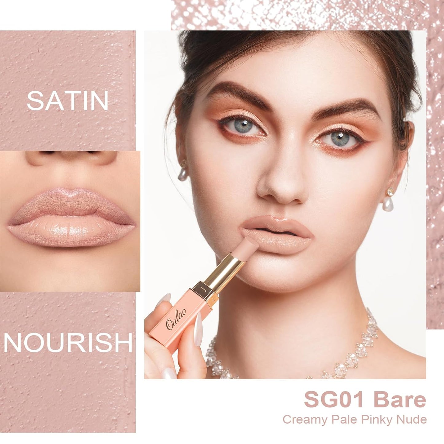 Oulac Beige Lipstick for Women, Pale Nude Matte Lip Base, Full Coverage Lip Color, Satin Matte Finish, Cream Texture, Hydrating, Infused with Hyaluronic Acid, Vegan & Clean Beauty 4g SG01 Bare