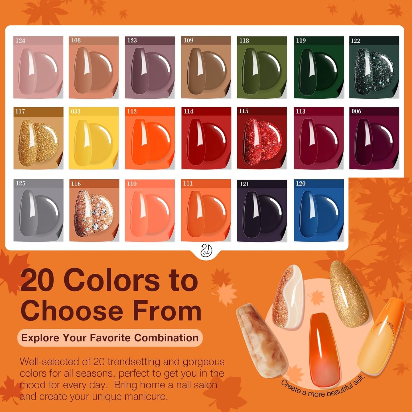 AZUREBEAUTY Dip Powder Nail Kit Starter Fall Autumn Orange Green Glitter Red 20 Colors Acrylic Dipping Powder Liquid Set with Base/Top Coat for French Nails Art Manicure Beginner DIY Salon Home