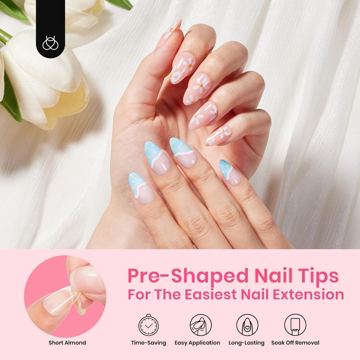 Beetles Gel Short Almond Nail Tips, 288Pcs Pre-Shape Clear Short Almond Gel Press On Nail Fake Nails Easy Nail Extension Full Cover False Nails for Gel Nail Polish Gelly Tips DIY Nail Salon