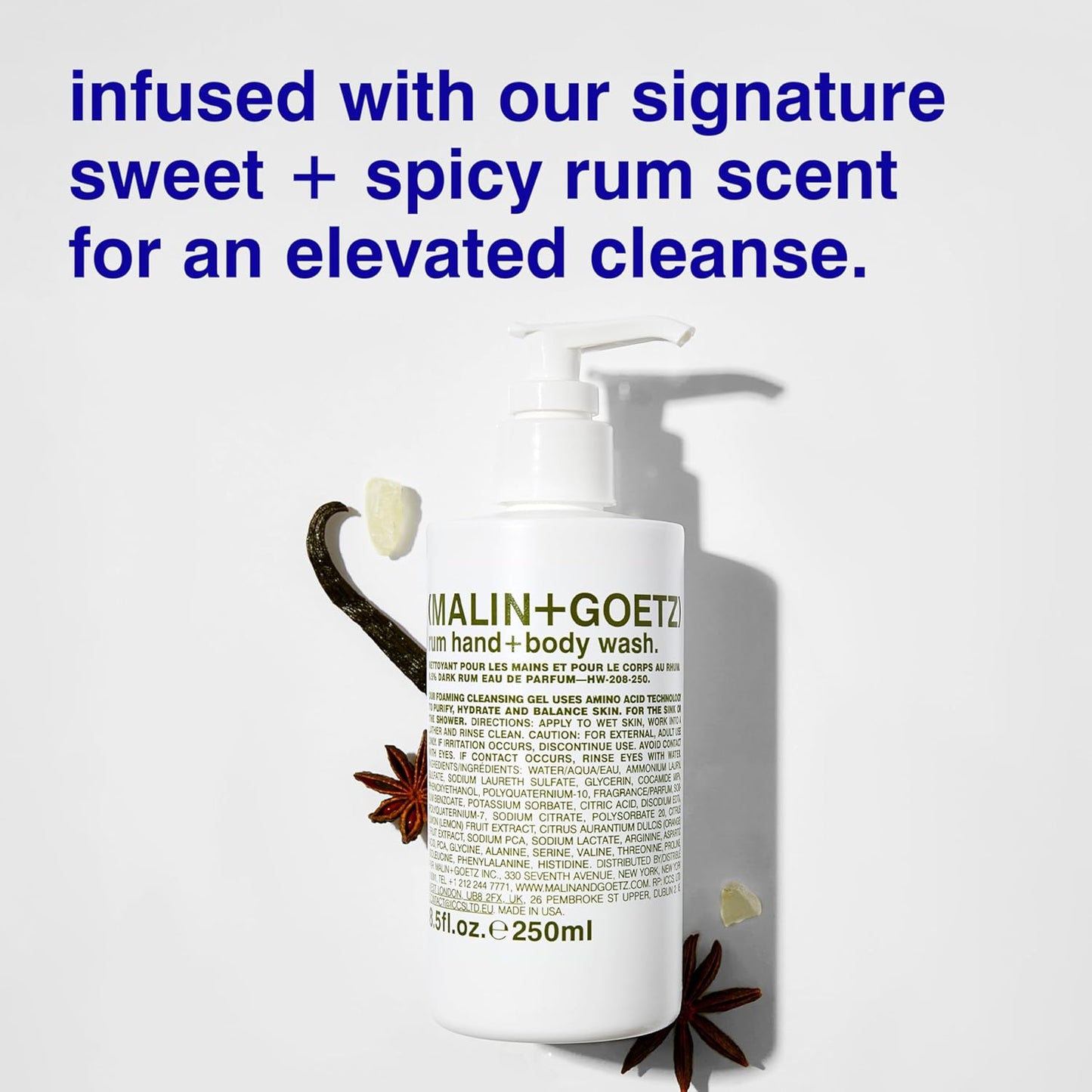 MALIN+GOETZ Rum Hand + Body Wash, 128 Fl. Oz. – Allows Up to 15 Refills, Natural Cleansing, Purifying & Hydrating for Women & Men, For All Skin Types, No Stripping or Drying, Cruelty-Free & Vegan