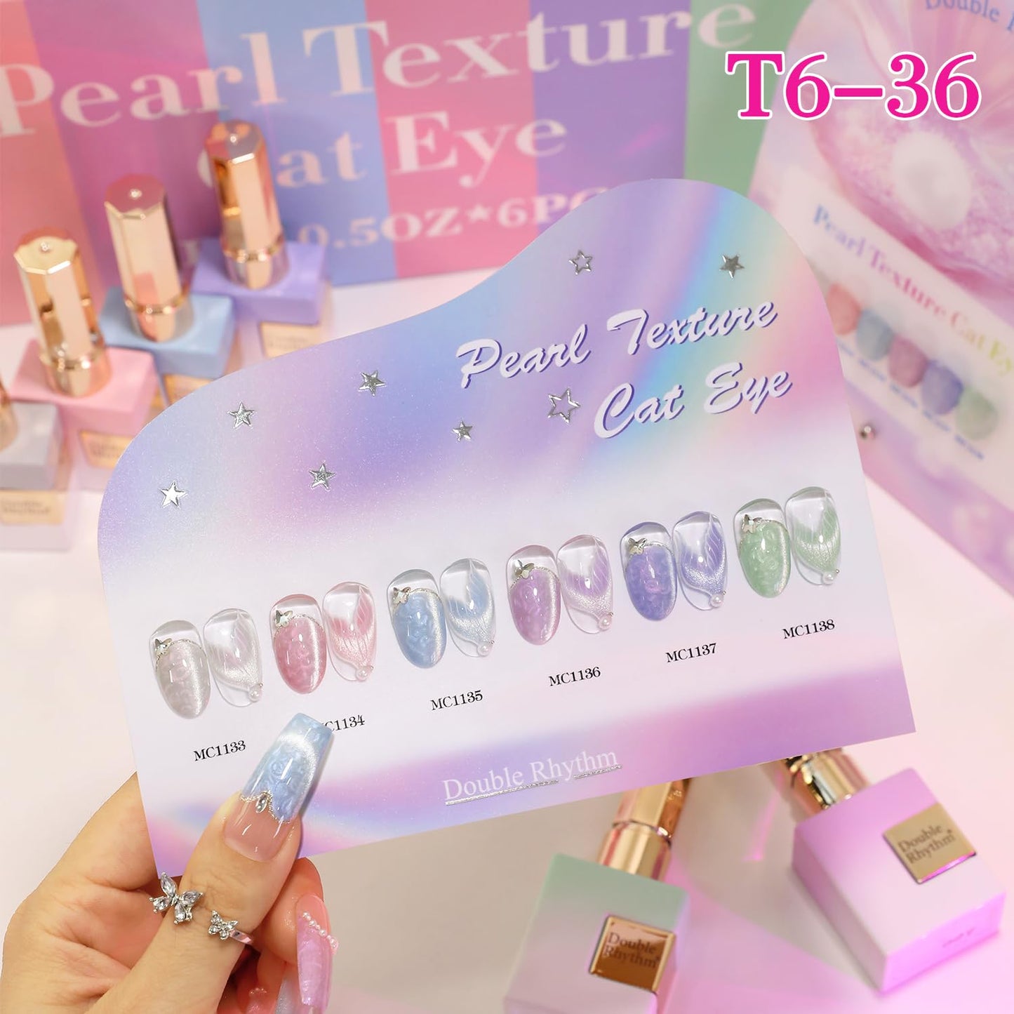 Double Rhythm Cat Eye Gel Nail Polish Set of 6 Same Color Same Bottle 0.5 Oz Shimmer Glitter with Magnet Holographic Reflective Magnetic UV Nail Polish Kit (Pearl Pink Blue Green Purple-T6-36)