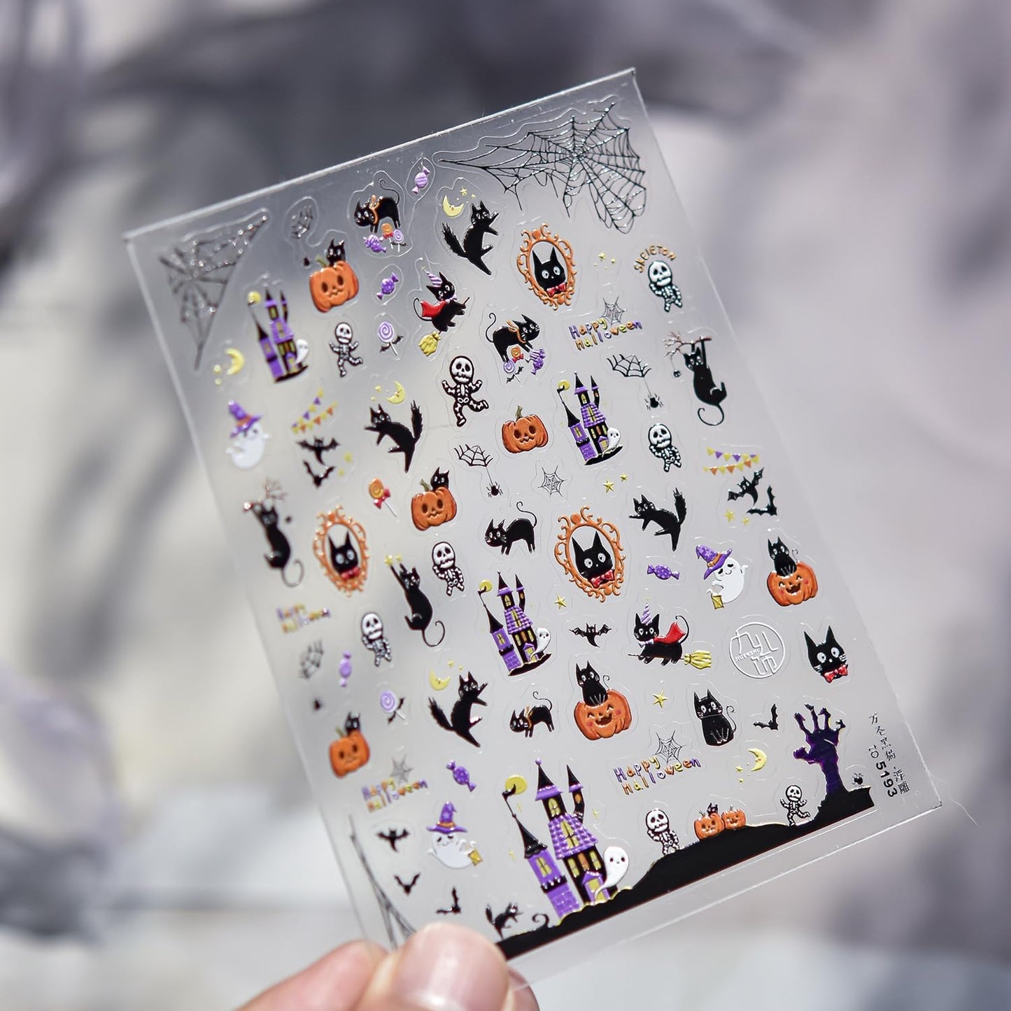 5D Embossed Halloween Nail Art Stickers Cute Nail Decals Cat Nail Stickers with Spider Wed Design 3D Self Adhesive Nails Supplies Accessories for Women Manicure Charms DIY Decoration 1sheet