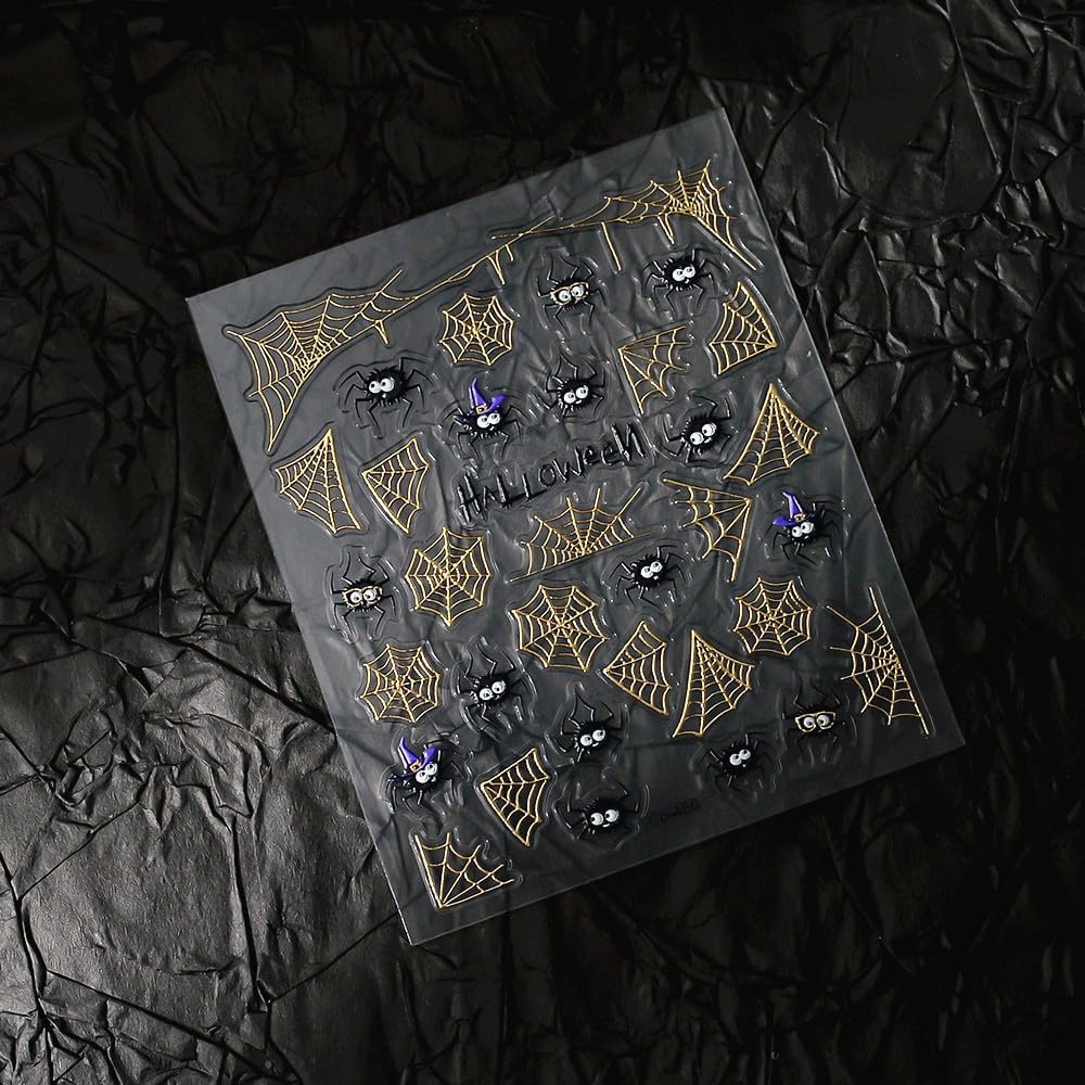 Halloween Nails Stickers Black Spider with Hat Nails Sticker 3D Embossed Gold Web Self Adhesive Sticker Nail Decals Funny Spiders Nail Art Decal Halloween Decals for Nail DIY Manicure 1Sheet