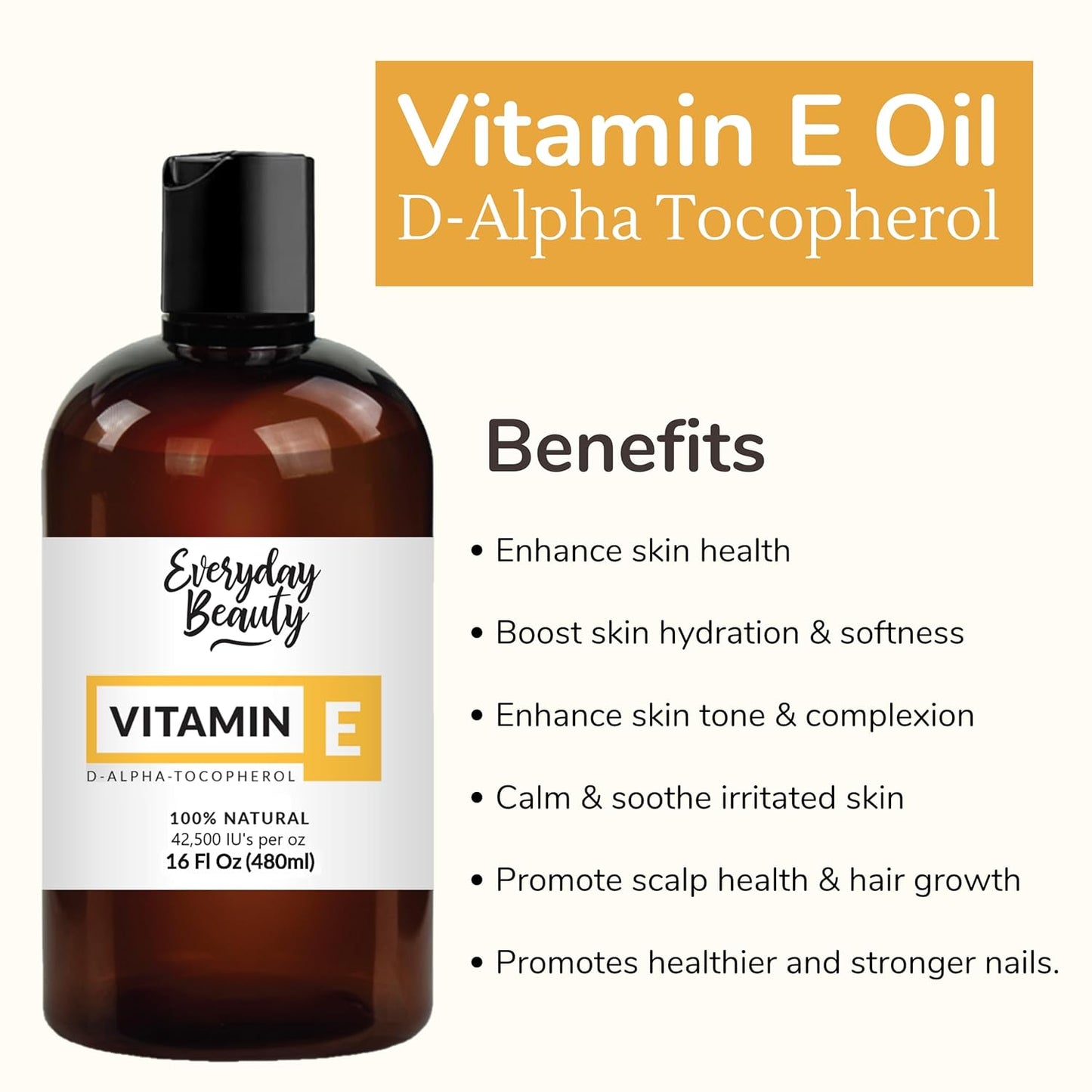 Pure Vitamin E Oil Bulk - 16 oz D-Alpha Tocopherol 100% Pure & All Natural 42,500 IU per oz - Not a Blend, Thick, Amber Color - from Wheat Germ - Face Body Hair - DIY Cosmetics & After Surgery Scars…