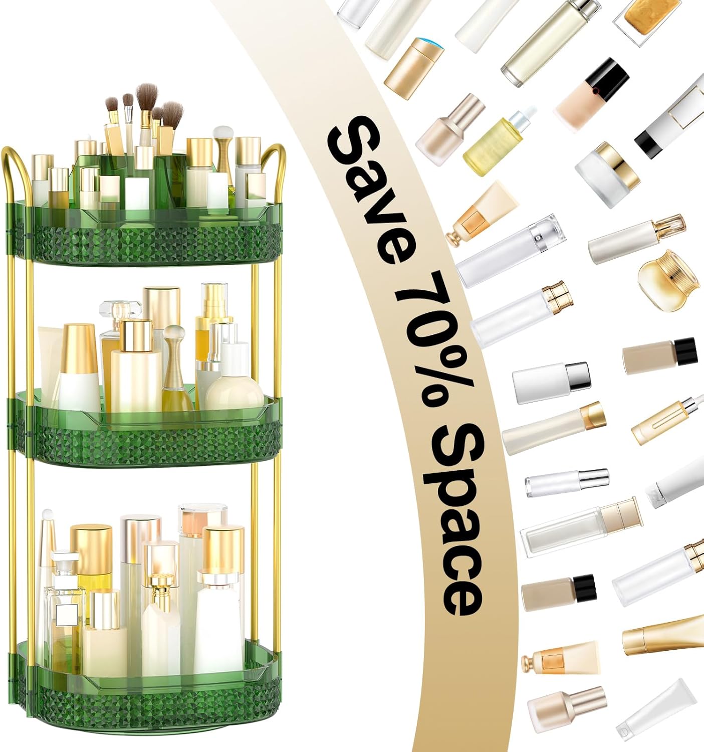 Rotating Makeup Organizer for Vanity 3 Tier, Perfume Organizer with Makeup Brush Holder, Large Capacity Cosmetics Clear Skincare Organizer for Countertop (Green)