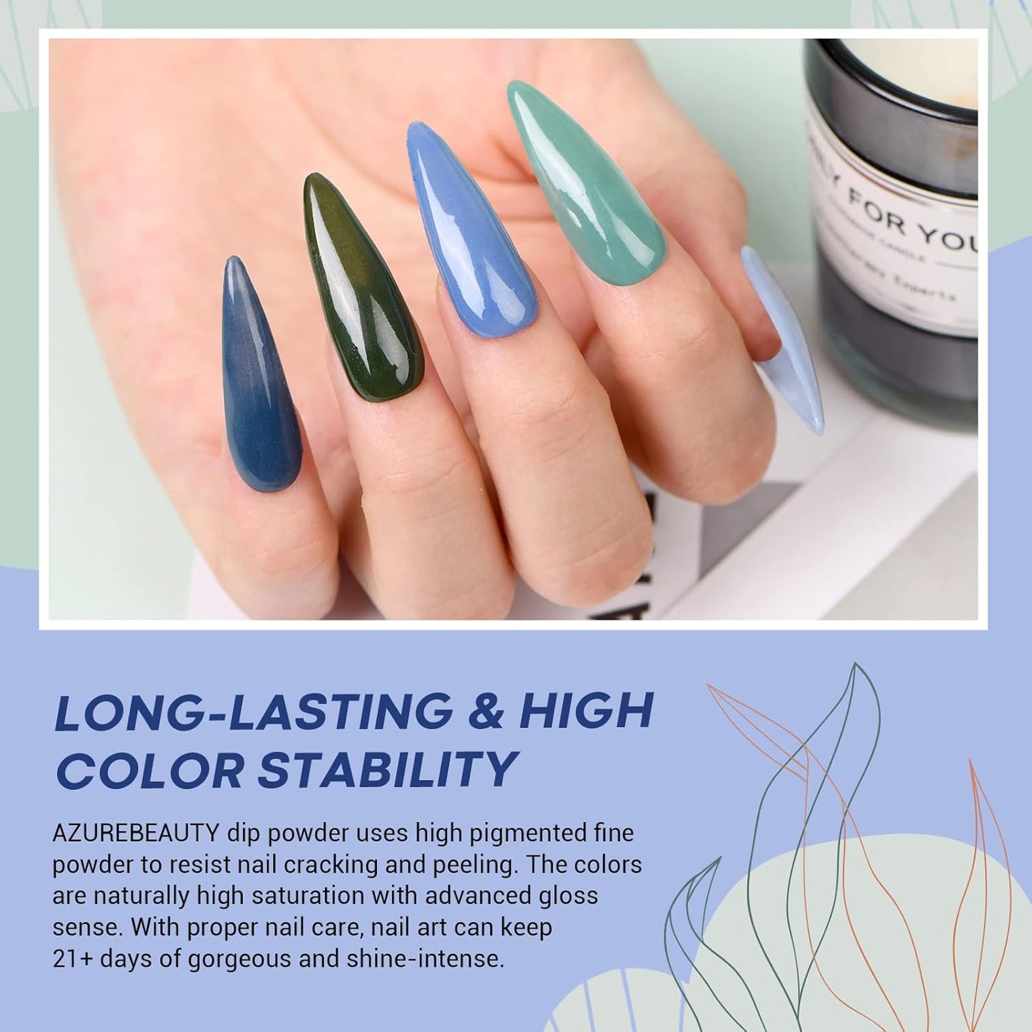 AZUREBEAUTY Dip Powder Nail Set Blue Sage Green Grey Shades, 6 Dark Colors Dipping Powder Starter Kit French Nail Art Manicure DIY Salon for Women, No Need Nail Lamp Cured