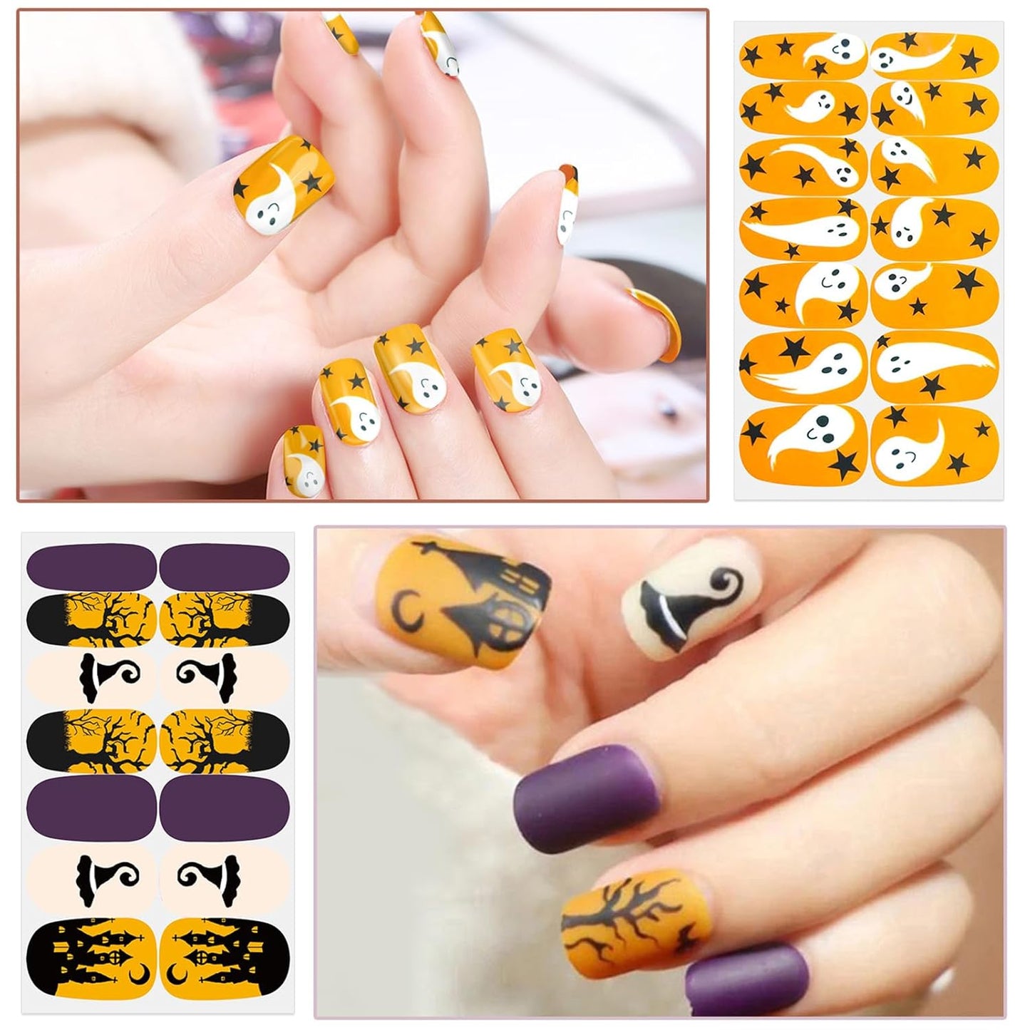 WOKOTO 20 Sheets Halloween Nail Polish Strips, Black Gradient Nail Stickers Full Wraps Kit with Nail File - Pumpkin, Bat, Ghost, Witch, Spider Halloween Nail Polish Stickers for Women Girls