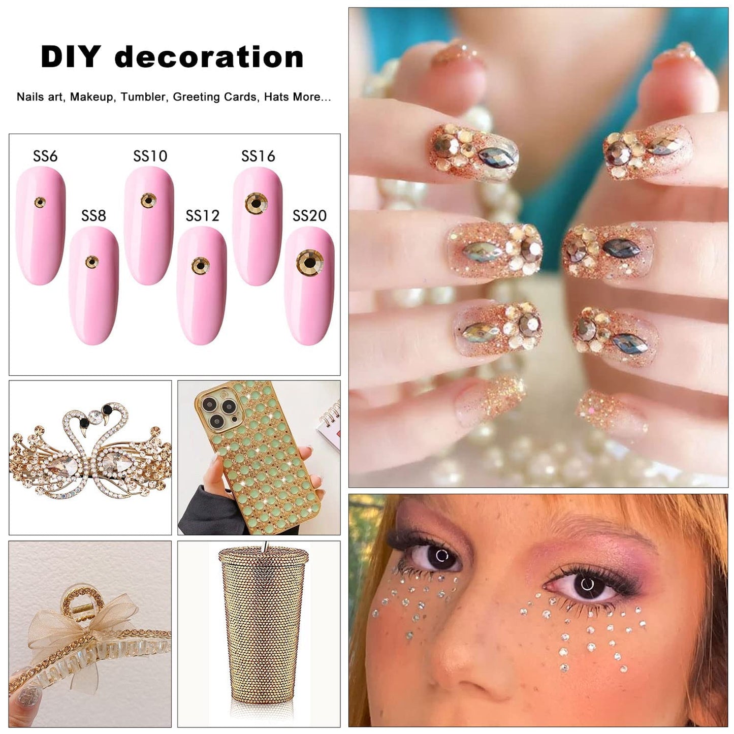 4240Pcs Brown Flatback Rhinestones 6 Sizes Crystal Diamonds for Nail Art Crafts Clothes Shoes with Tweezers and Picking Pen