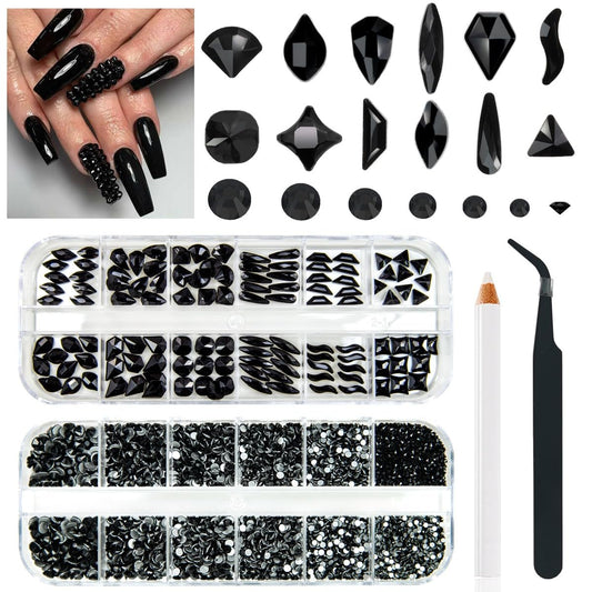 4080Pcs Black Nail Rhinestones Multi Shapes Flatback Jet Black Gems for Nails Round Beads K9 Glass Nail Crystals Stones Diamonds jewels Nail Art Supplies Charms for Nail Face Eyes Makeup Crafts