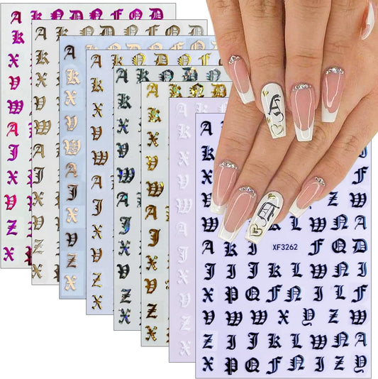 Old English Nail Stickers 8Sheets Holographic Old Letters Nail Art Stickers 8colors English Character Nail Design Decals Laser Glitter Gold Silver Letters Words Nail Art Supplies Decor for Women Girls
