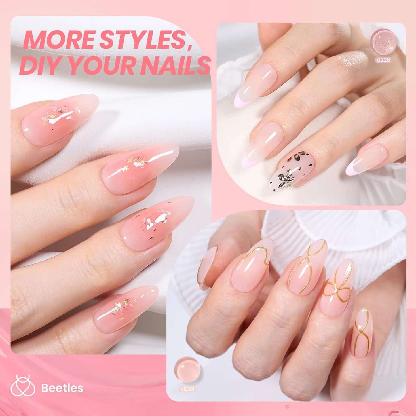 Beetles Jelly Gel Nail Polish Set - 6 Colors Nude Pink Gel Polish Kit Neutral Shimmer Translucent Sheer Gel Soak off Uv Nail Concealer Peach Juice Collection French Nail Art Manicure Gift for Women