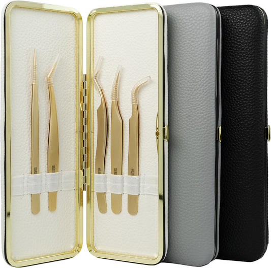 Tweezers Box Set, 5 PCS Isolation Pointy Precision Professional Stainless Tweezers with a PU Storage Case, Organizer Kit for Eyelash Extension, Beginner Lash Tech, Crafts Repair(White, Golden)