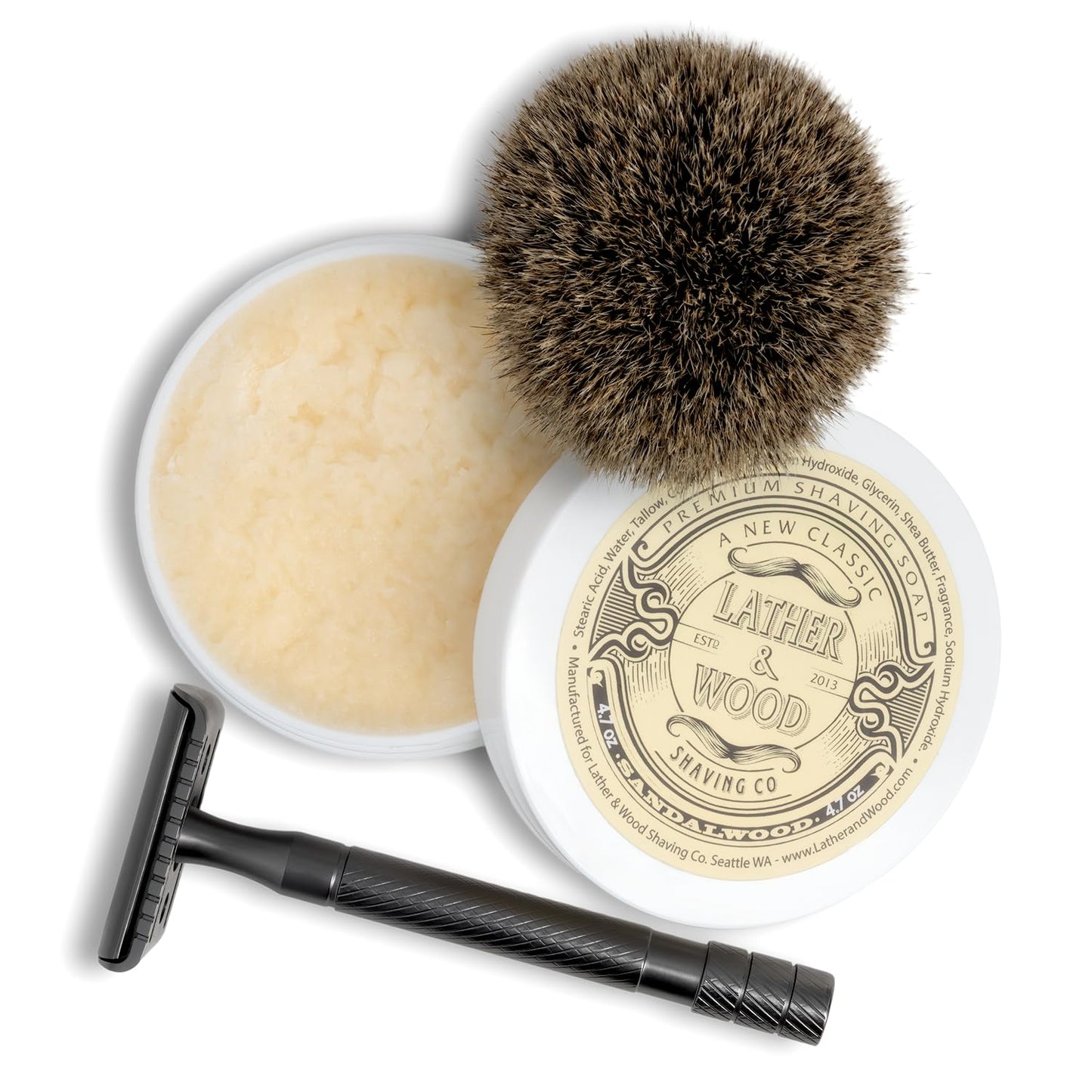 Lather & Wood Shaving Soap - Sandalwood - Simply The Best Luxury Shaving Cream - Tallow - Dense Lather with Fantastic Scent for The Worlds Best Wet Shaving Routine. 4.6 oz (Sandalwood)