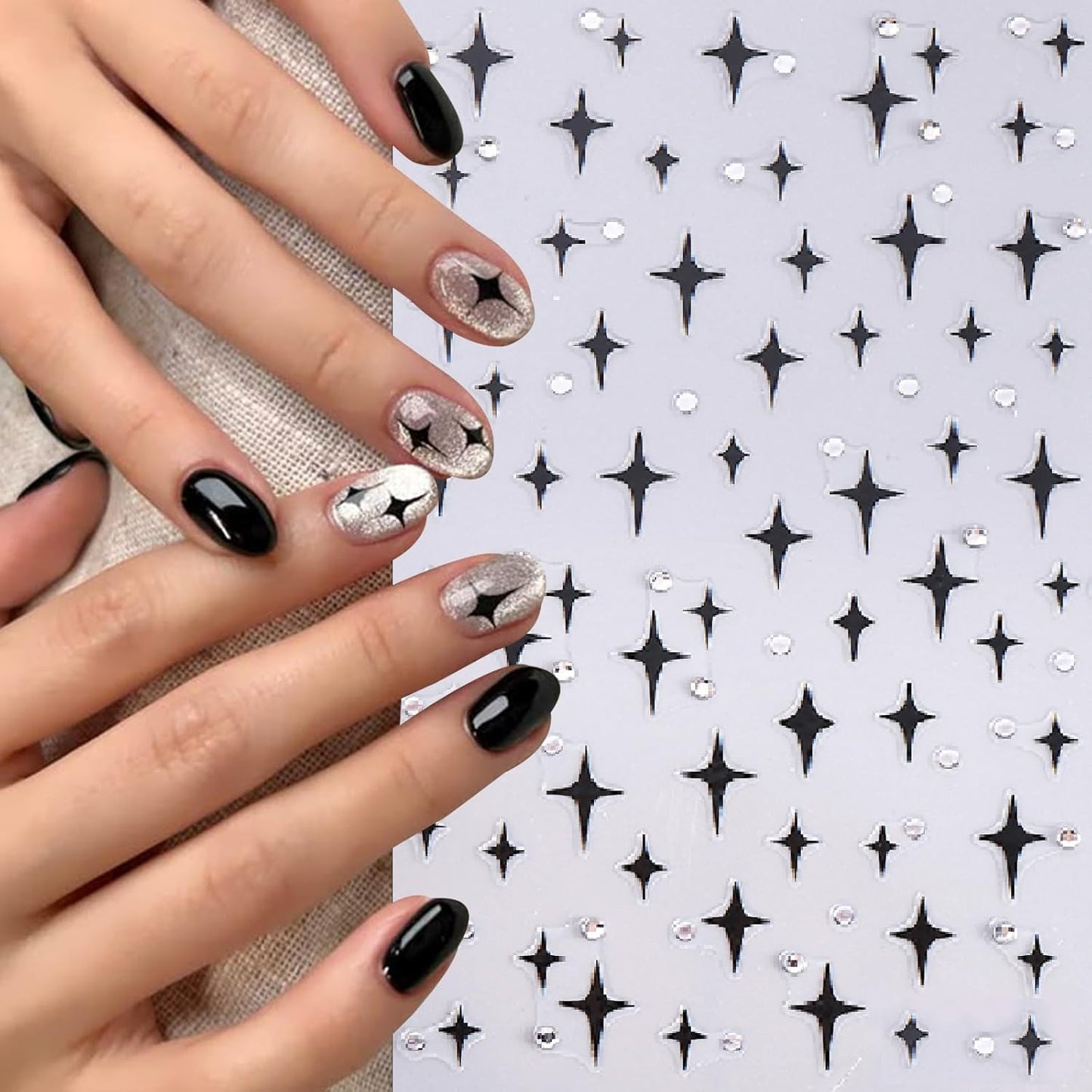 6 Sheets Star Nail Stickers with Rhinestones White Five-Pointed Star Gold Silver Black Starburst Design for Women Girls Nail Art Decoration