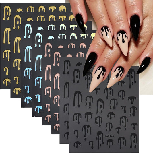 8 Sheets Halloween Nail Stickers Water Drop Blood Nail Decals French Tips Nail Art Stickers Black Gold Laser Design 3D Self Adhesive Sticker for Nail Holiday Manicure DIY Supplies for Women