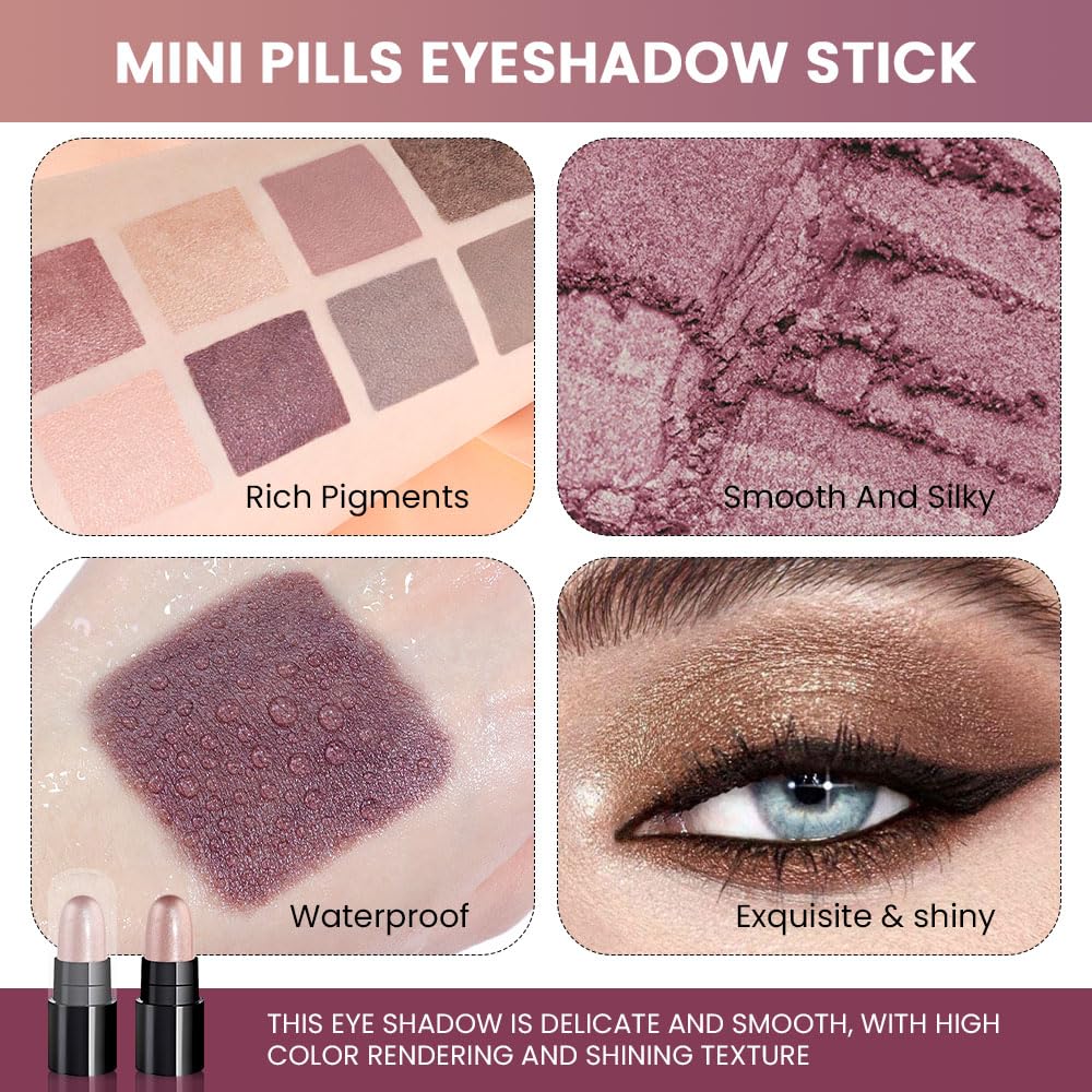 evpct 12Pcs Capsule Cream Eye Shadow Brightener Sticks Set for Eyes, Champagne Pearl Taupe Bronze Cocoa Stone Putty Smoky Amethyst Shimmer Matte Pencil Eye shadow Applicator Stick Palette Makeup 02