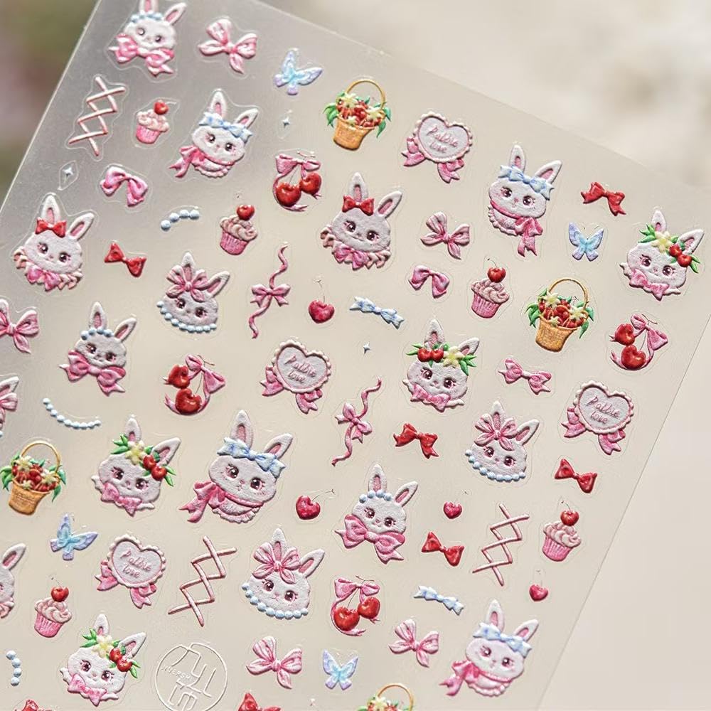 Easter Nail Art Stickers Rabbit Nail Decals Cute Cartoon Nail Stickers for Nails Art Self Adhesive 5D Embossed with Design Bow Nails Charm for Women Girls Kid DIY Manicure Supplies Decoration