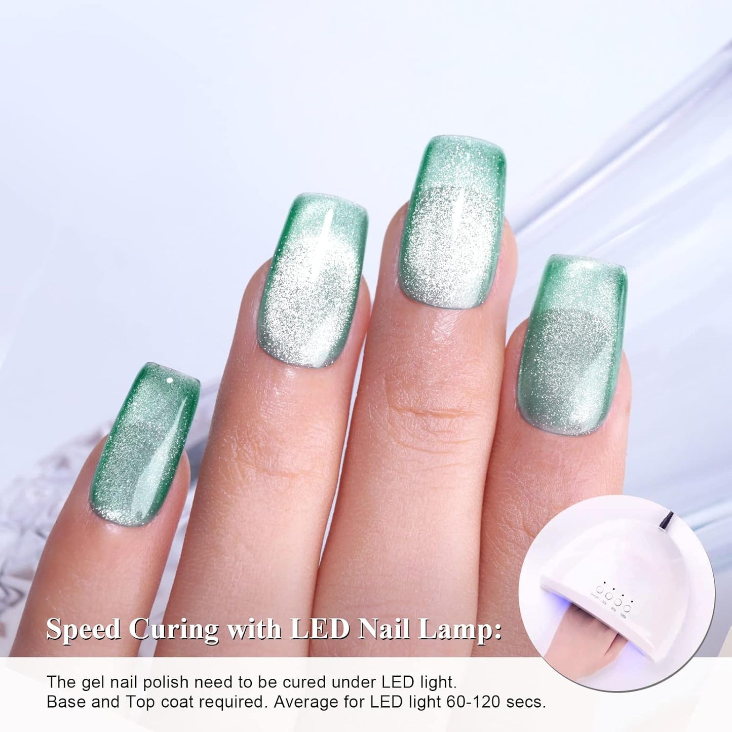 Imtiti Light Green Color Gel Nail Polish, 0.5 fl oz Holographic 9D Cat Eyes Glitter Magnetic Gel Polish with Magnetic Stick for Nail Salon