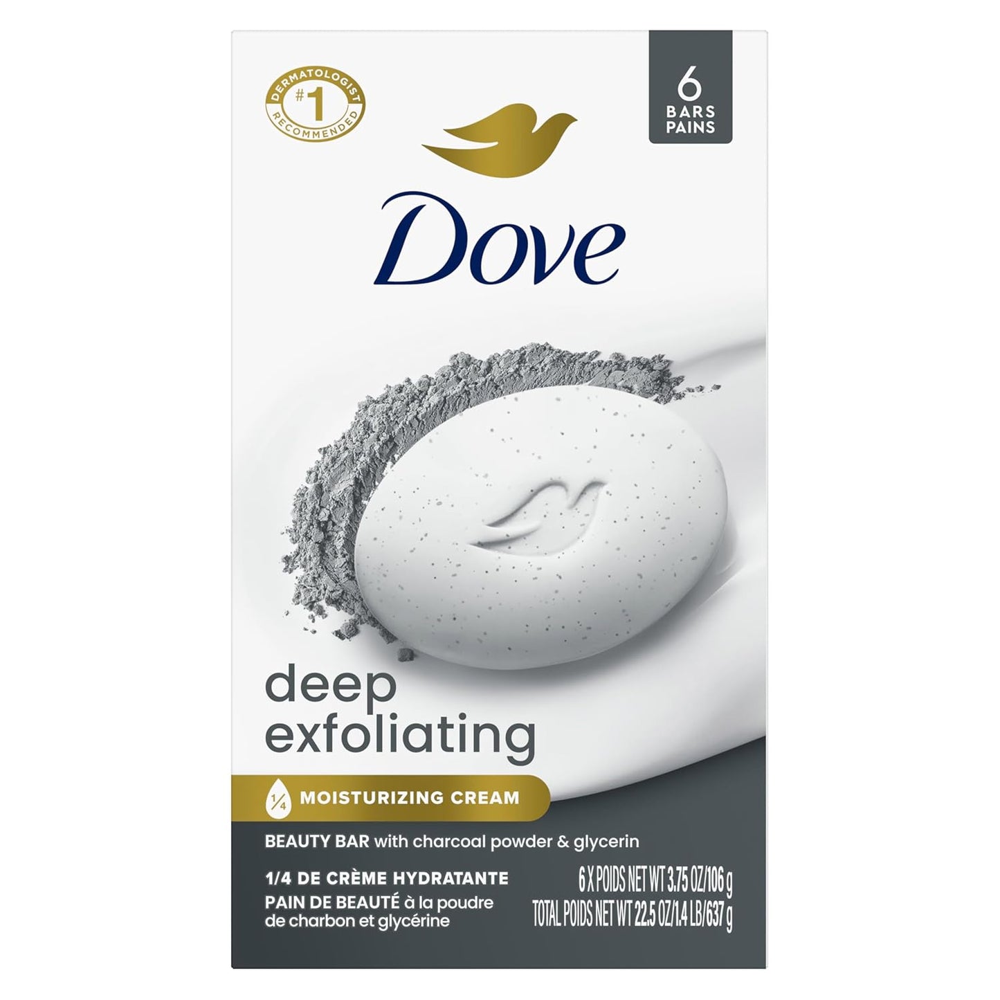 Dove Beauty Bar Soap 6 Bars Deep Exfoliating Charcoal Powder & Glycerin, for Softer, Smoother Skin, Scrubs Away Impurities 3.75 oz