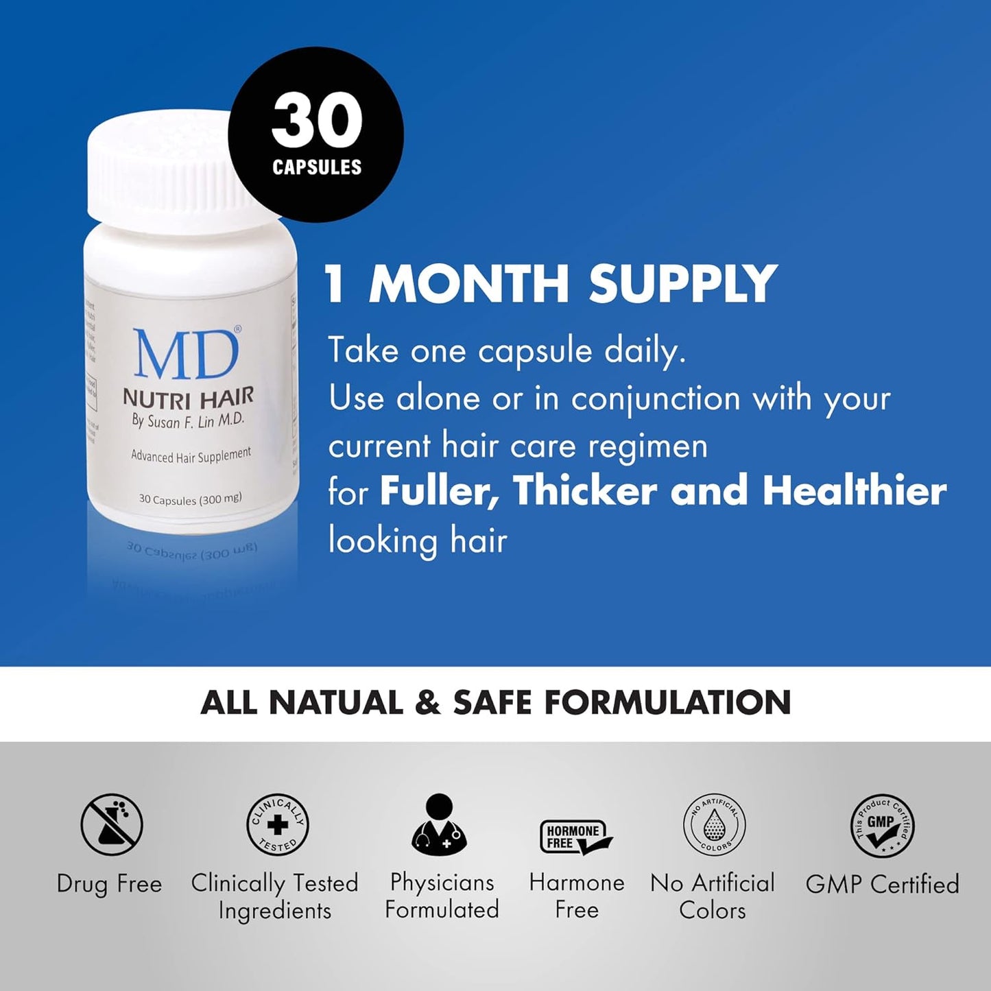 MD Nutri Hair Growth Supplement with Biotin (30 Capsules) | for Hair Loss, Minimizes Hair Shedding, Thinning, Breakage & Promotes Longer, Thicker Hair