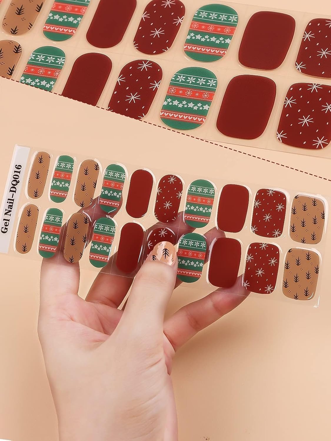 EBANKU 20PCS Christmas Semi-Cured Gel Nail Polish Strips, Snowflake Christmas Trees Adhesive Gel Nail Art Sticker, Waterproof Gel Nail Wrap Stickers with Nail File and Stick（UV/LED Lamp Required）