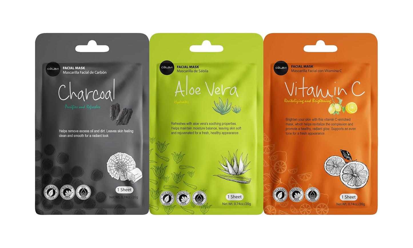 Celavi Essence Facial Sheet Face Mask Variety Set Classic Authentic Korean Moisturizing Skincare (Variation 1, 12 Count (Pack of 3))