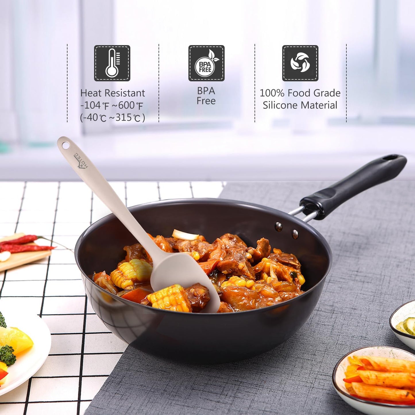 HOTEC 600℉ Heat Resistant BPA-Free Silicone Rubber Spatula Set,Kitchen Cooking Spatulas, Baking, Mixing for Non Stick Cookware, Dishwasher Safe, Set of 5, Khaki