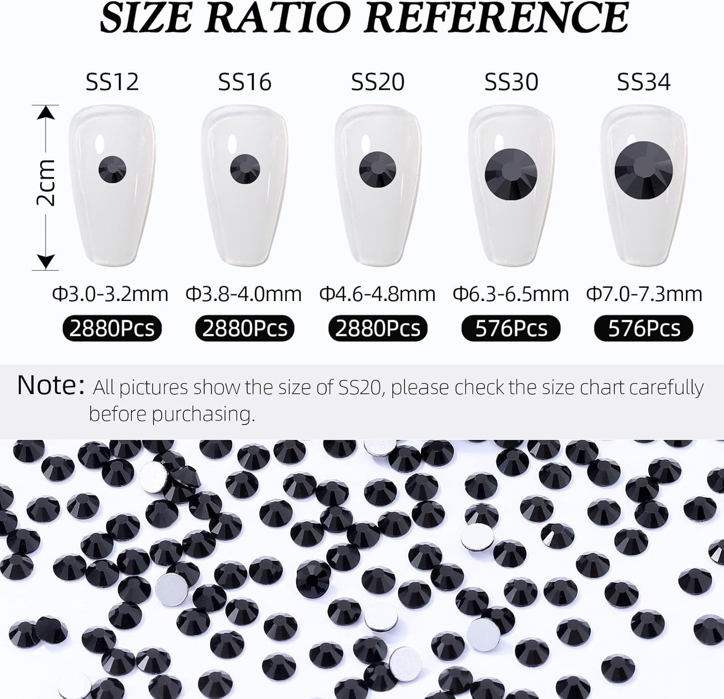 Black Flatback Rhinestones, Glass Rhinestones for Nail Art and Craft, Glue Fix, Loose Crystal Gemstones(Black, SS16, 2880pcs, 3.8-4.0mm)