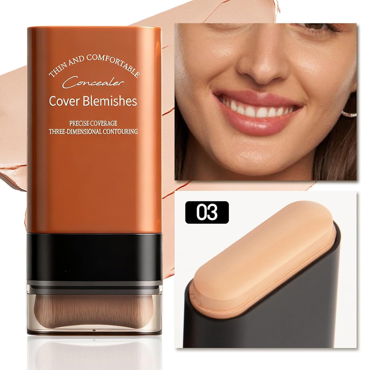 Face Foundation Concealer Stick,2-in-1 Long-wear Lightweight Contour Brighten Stick Blemish with Brush, Waterproof, Hydrating Full Coverage Dark Circles & Blemishes(03#Pink Velvet)