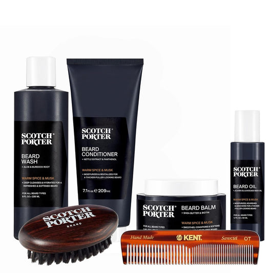 Scotch Porter Ultimate Beard Collection – Cleanse, Moisturize, Soothe & Style while Encouraging Growth for a Fuller/Healthier-Looking Beard – Includes Wash, Conditioner, Oil, Balm, Brush & Comb
