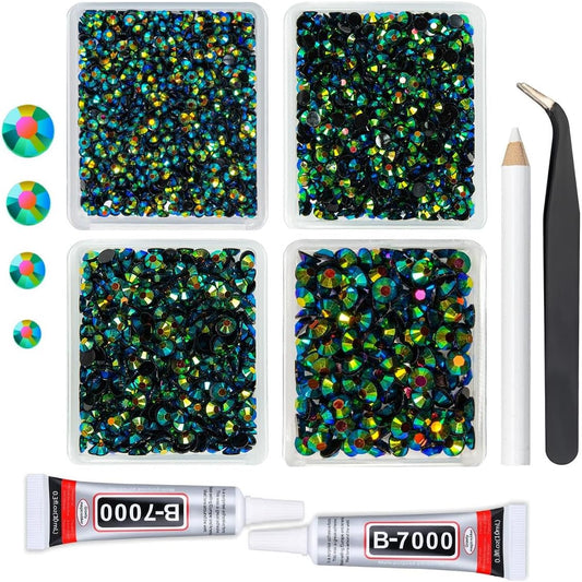 Peacok Green AB Resin Rhinestones w B7000 Jewelry Glue for Bedazzling Crafting 3mm 4mm 5mm 6mm Flatback Jelly Stones Bulk Diamonds Crystals Gems Charms for Nails Face Eyes Makeup Tumbler