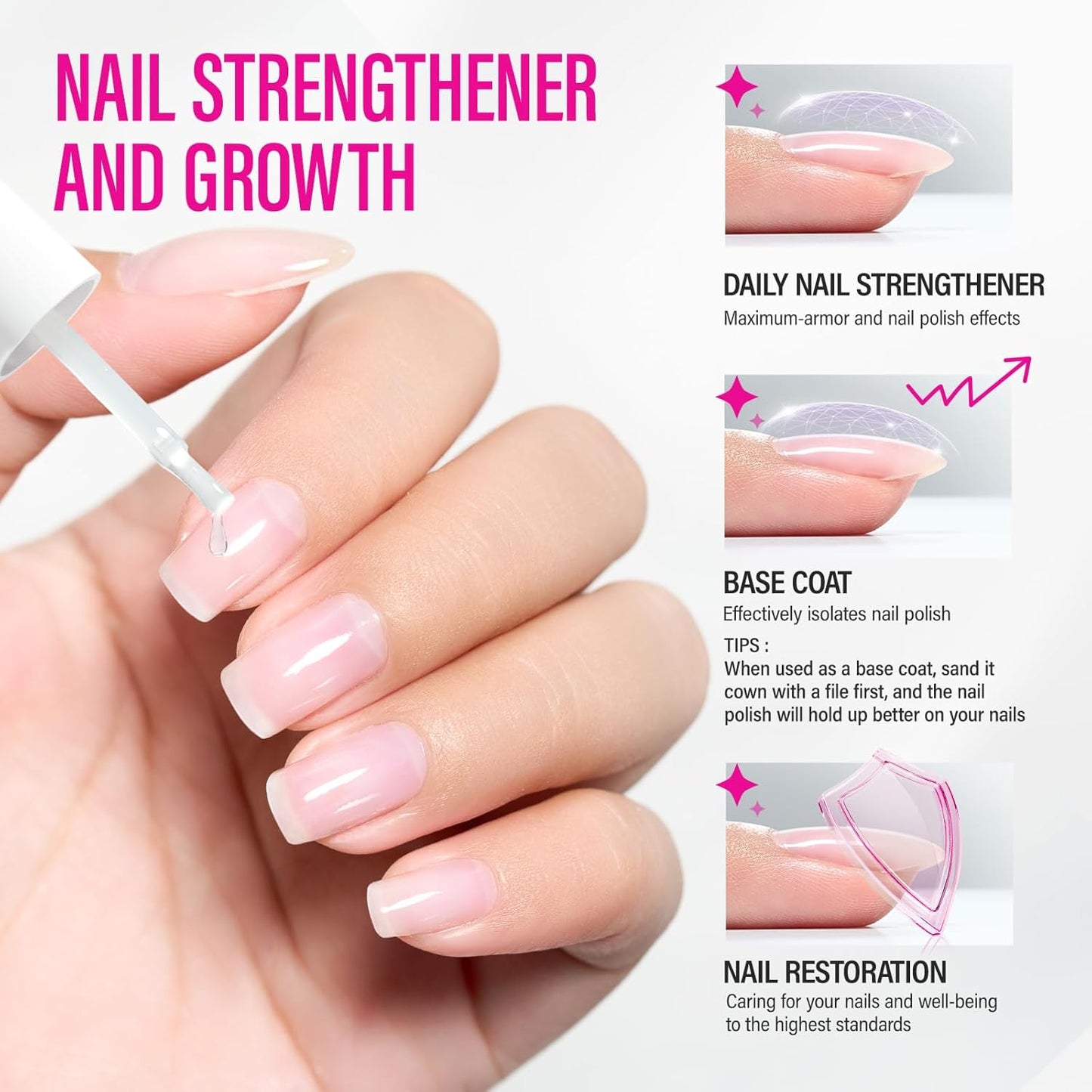 CHUCHU Nail Strengthener Base Coat: Quick Dry Protein Clear Hardener Polish - Repair Ridge Filler for Women Men Beginners Home Salon Gift - 15ML