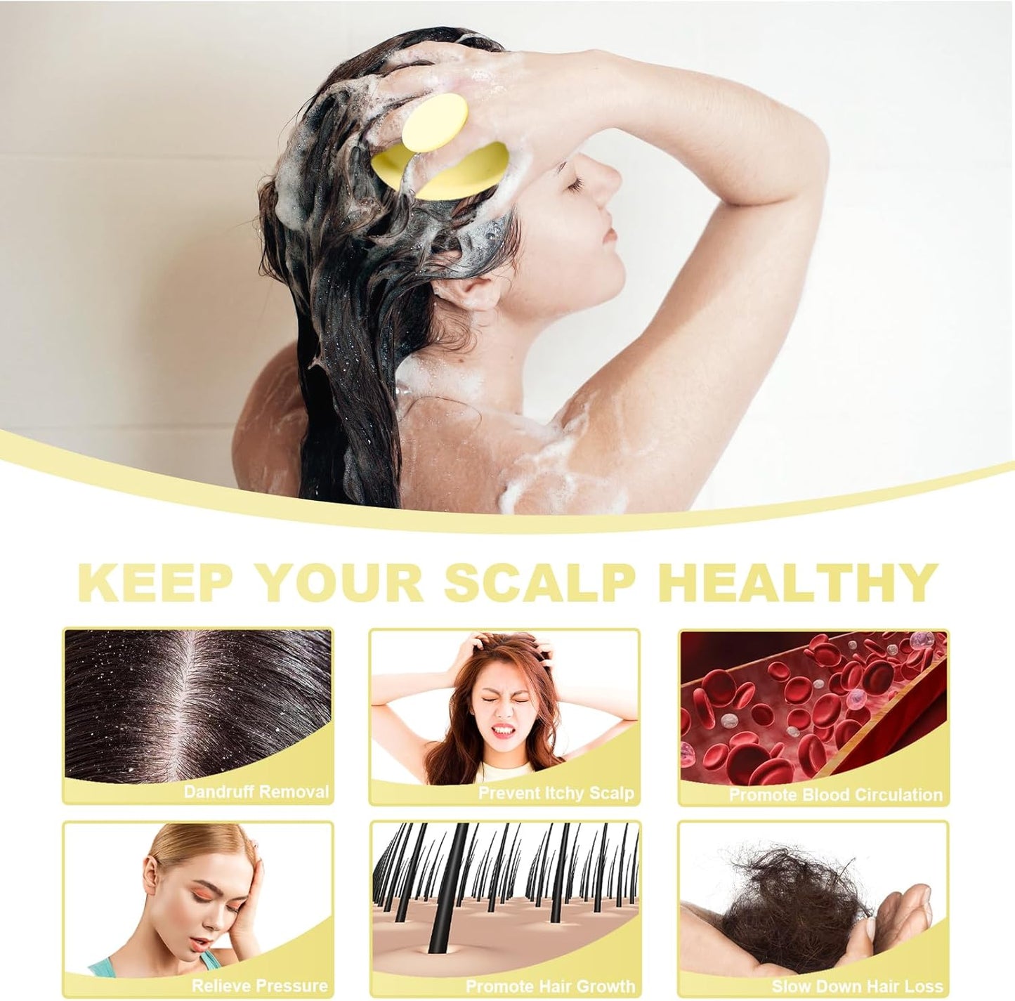 Silicone Scalp Massager, Scalp Scrubber for Hair Growth with Soft Bristles, Scalp Exfoliator Brush Dandruff Removal Shampoo Brush for Wet Dry Scalp Care (Light Yellow)