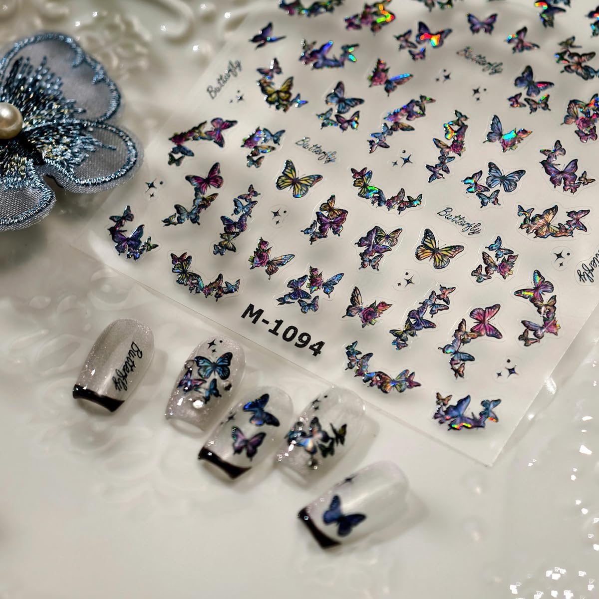 Butterfly Nail Art Stickers Holographic Nails Decals 5D Embossed Nail Sticker for Nails Art Dark Nail Stickers with Design for Women Girls Kid Manicure Supply Decoration Accessories