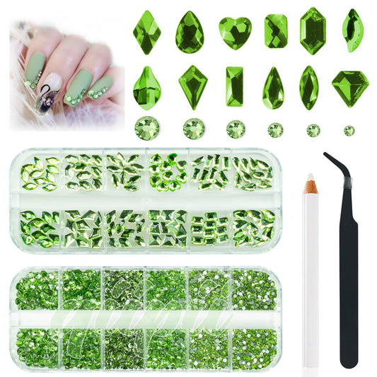 3180Pcs Light Green Nail Rhinestones Multi Shapes Crystal Grass Green Flatback K9 Glass Rhinestones Gems Round Beads Stones Diamonds jewels w Wax Pen for Nails Face Eye Makeup Clothes Shoes DIY