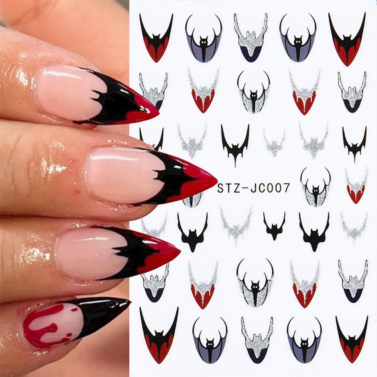 8 Sheets Halloween Nail Art Stickers Decals Colorful Bat French Tip Nails Stickers Black Spider Web Blood Drop Nails Decals Self-Adhesive Skeleton Nail Art Decal for Women Halloween Decor