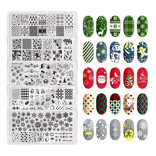 MRFOX Nail Print Board Set Christmas Snow and Lightning Theme Pattern Leaf Nail Art DIY Stamping Template