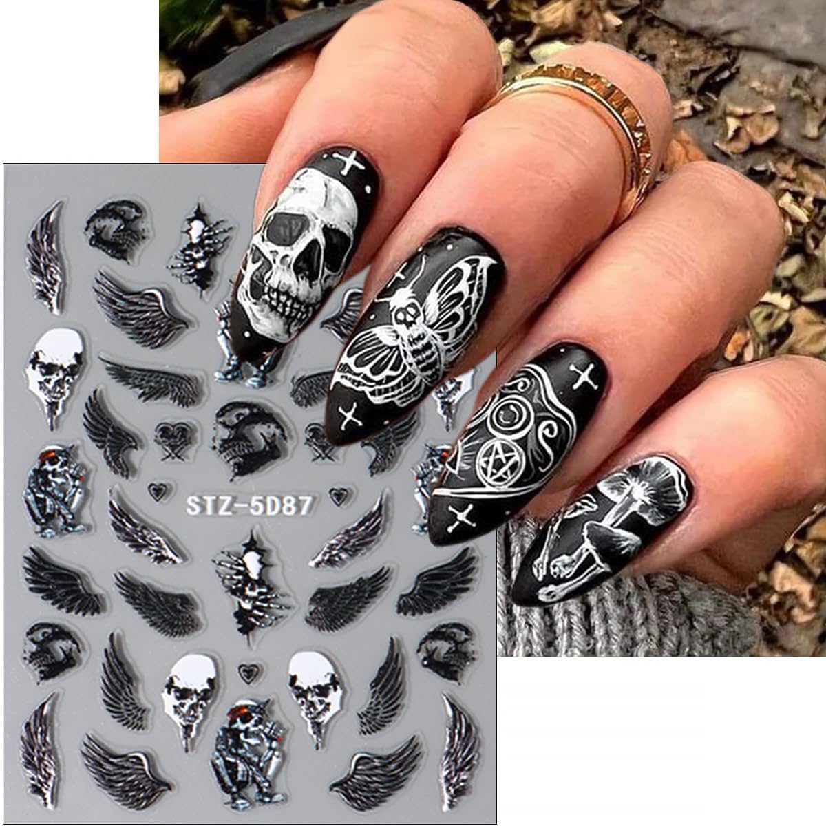 8 Sheets Halloween Nail Stickers for Nail Art 5D Self-Adhesive Gothic Bat Skeleton Spider Nail Decals Black White Claw Nail Design Stickers Halloween Nail Art Supplies for Women DIY Manicure Tip