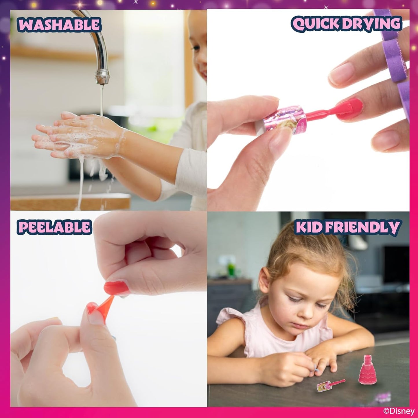 Disney Princess 15 Piece Water-Based Nail Polish with 3 Toe Spacers, Quick Dry, Peel Off, Gift Kit Set for Kids Girls, Ages 3 by Townley Girl