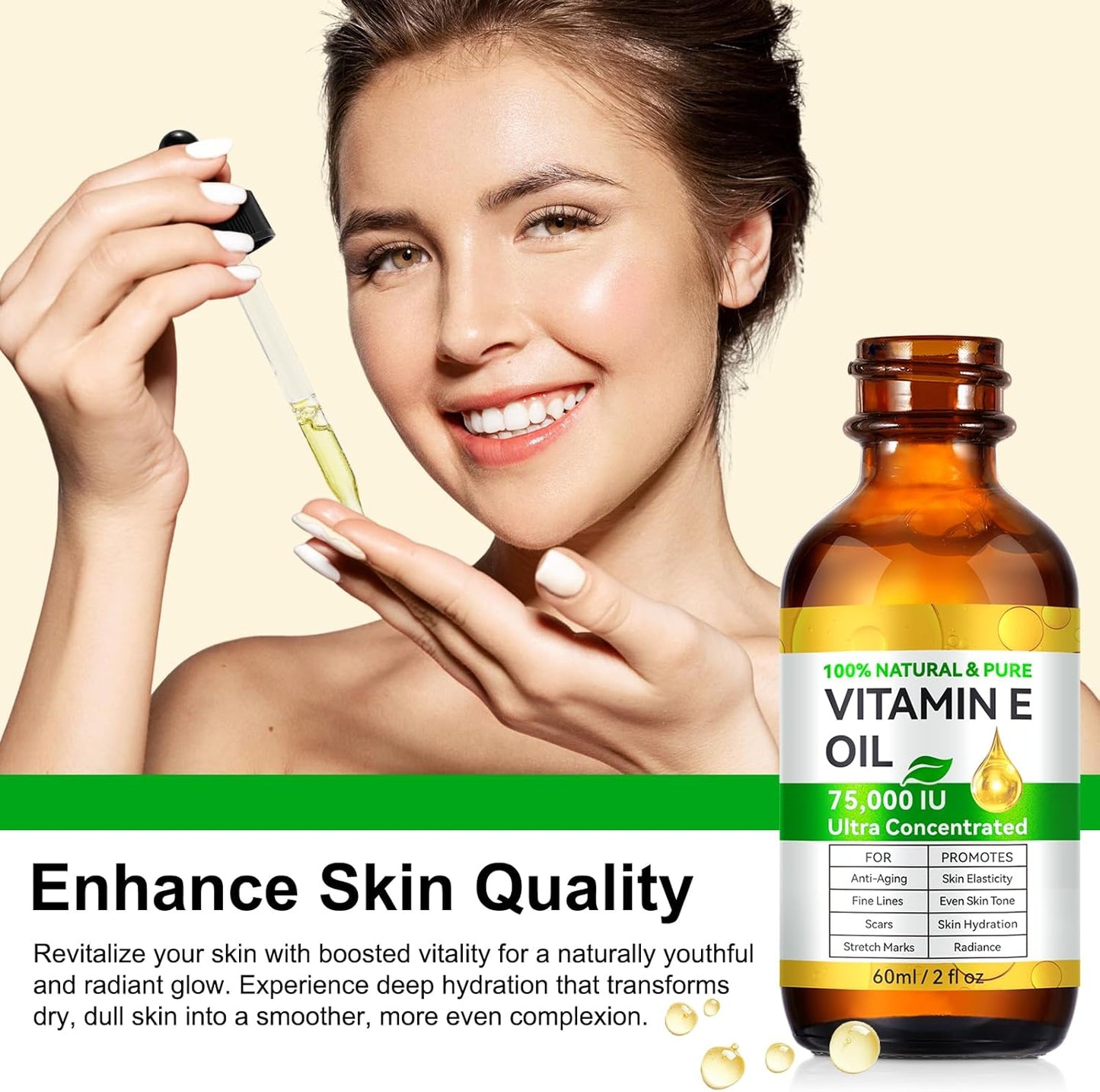 Vitamin E Oil for Skin 75,000 IU, 2Fl Oz Pure Vitamin e Oil for Scars, Hair, Face and Scalp, Moisturizing Dry Skin, Reduces Winkles and Fine Lines, Perfect Bath and Body Oils