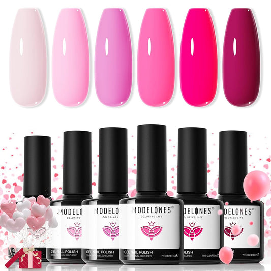 modelones Pink Gel Nail Polish Set 6 Colors, Hot Pink Tones Neon Pink White Gel Polish Magenta Light Soft to Dark 2025 All Seasons Halloween LED Nail Art for Nail Lovers Gift Salon DIY Starter Kit