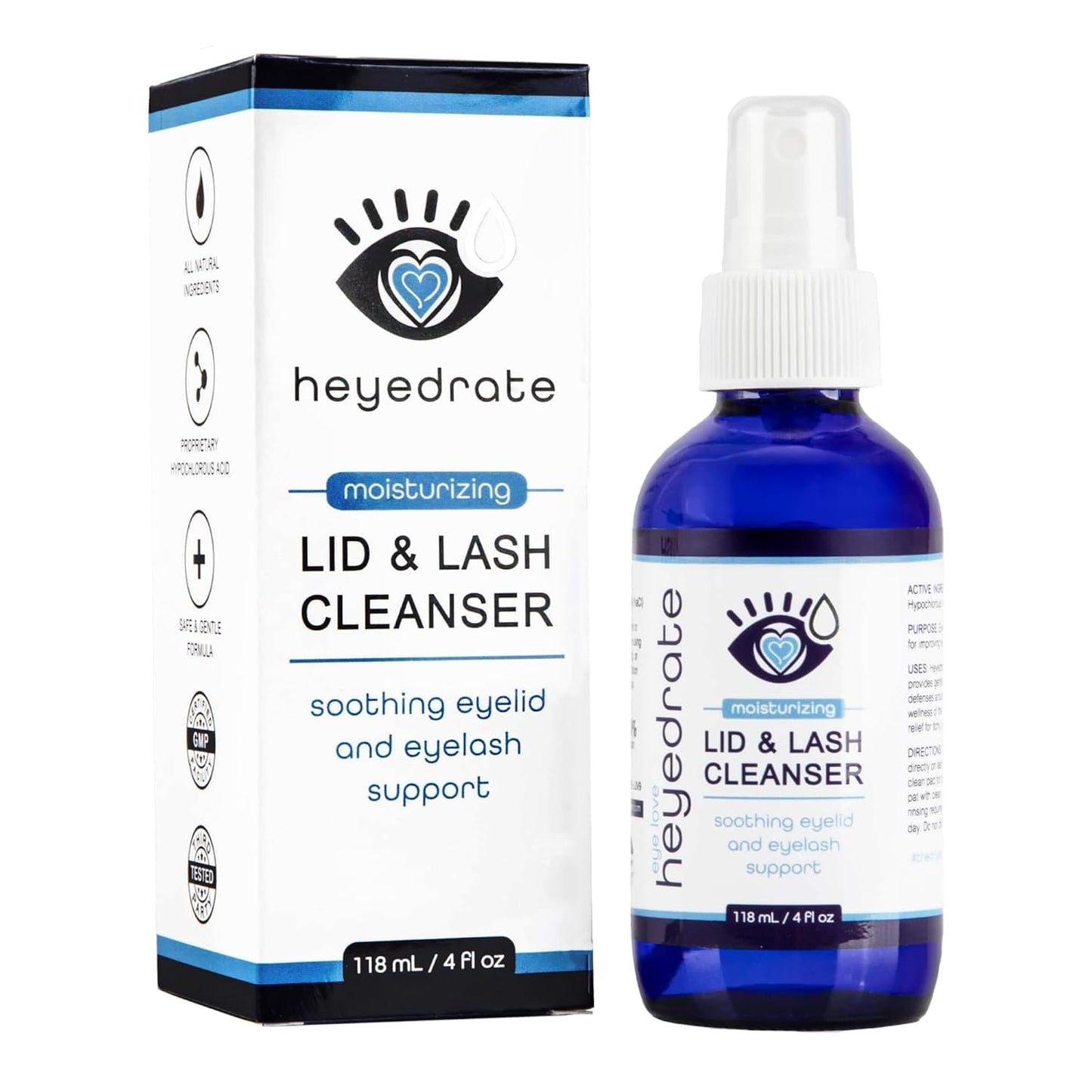 Heyedrate Lid & Lash Cleanser for Stye, Blepharitis, Dry Eyes, Meibomian Gland Dysfunction, Rosacea, and Eye Irritation Relief | Hypochlorous Acid Eyelid Cleanser Spray