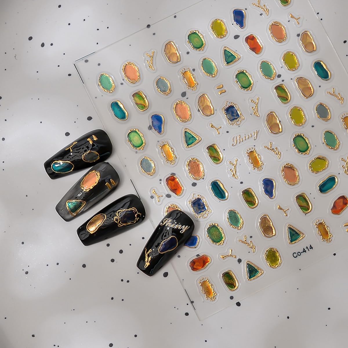 Gem Nail Stickers with Gold Trim Shiny Gems Nail Decals Luxury Stickers for Nails Designs 3D Self Adhesive Nail Art Supplies & Decorations for Women 1 Sheet